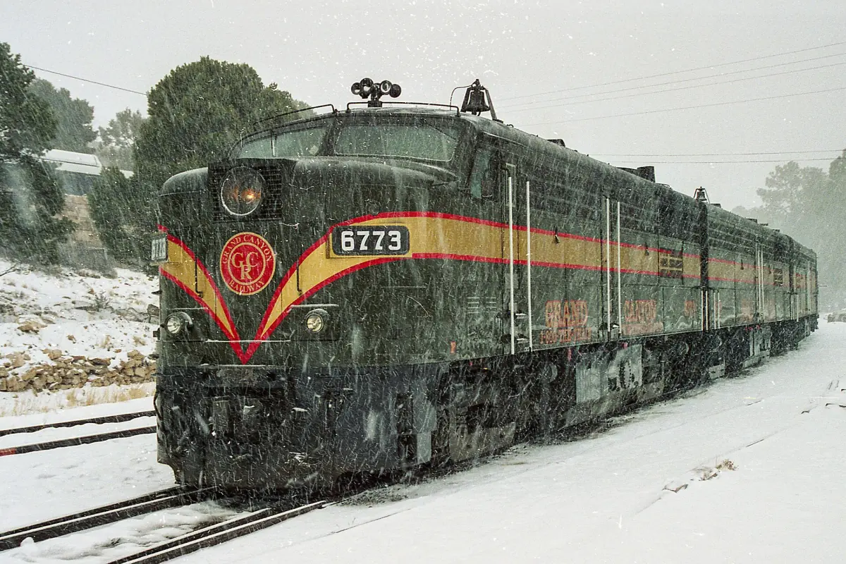 A Grand Canyon Railway diesel locomotive in the snow